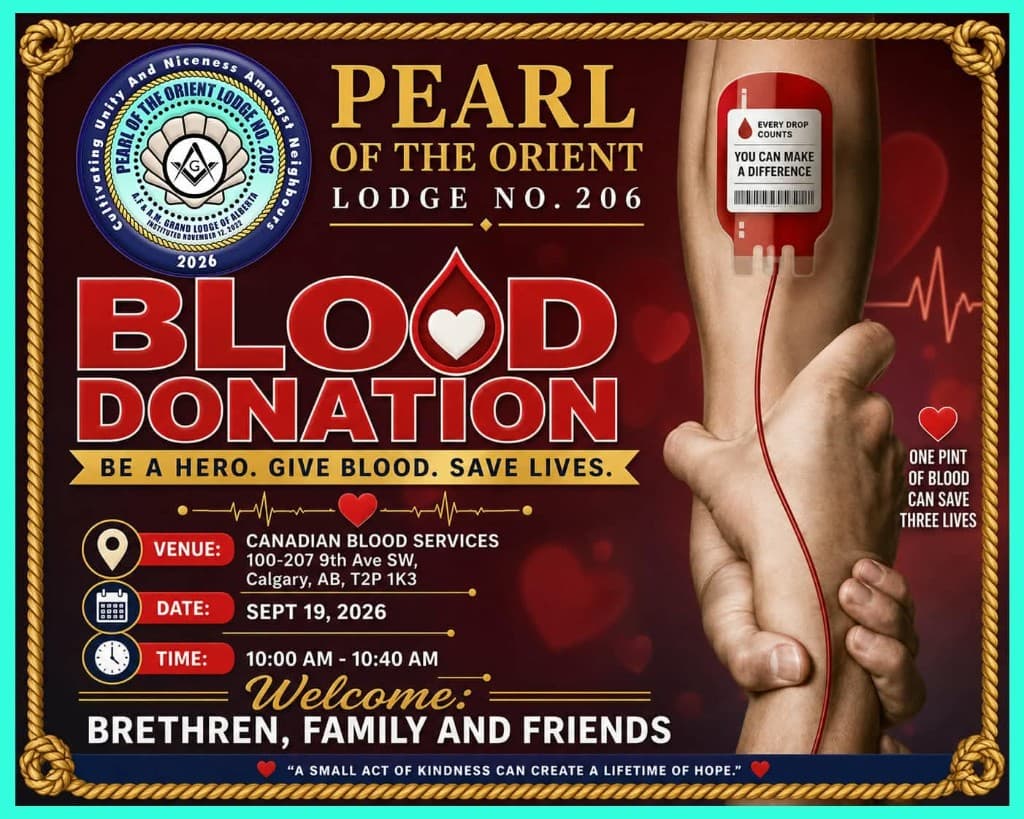 Blood donation event flyer for Pearl of the Orient Lodge No. 206 on September 19, 2026 from 10:00 to 10:40 AM at Canadian Blood Services, 100-207 9th Ave SW, Calgary.