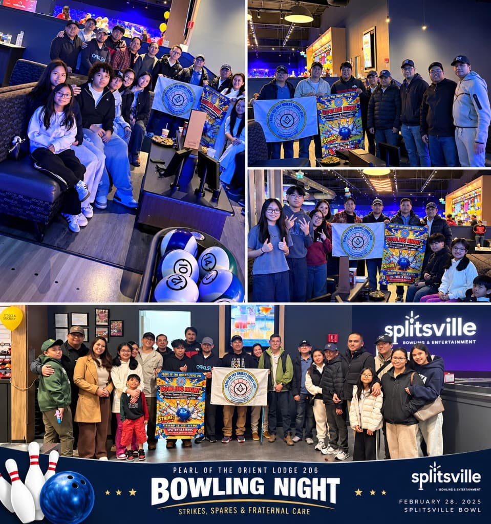 Photo collage of members and families of Pearl of the Orient Lodge No. 206 at bowling night.
