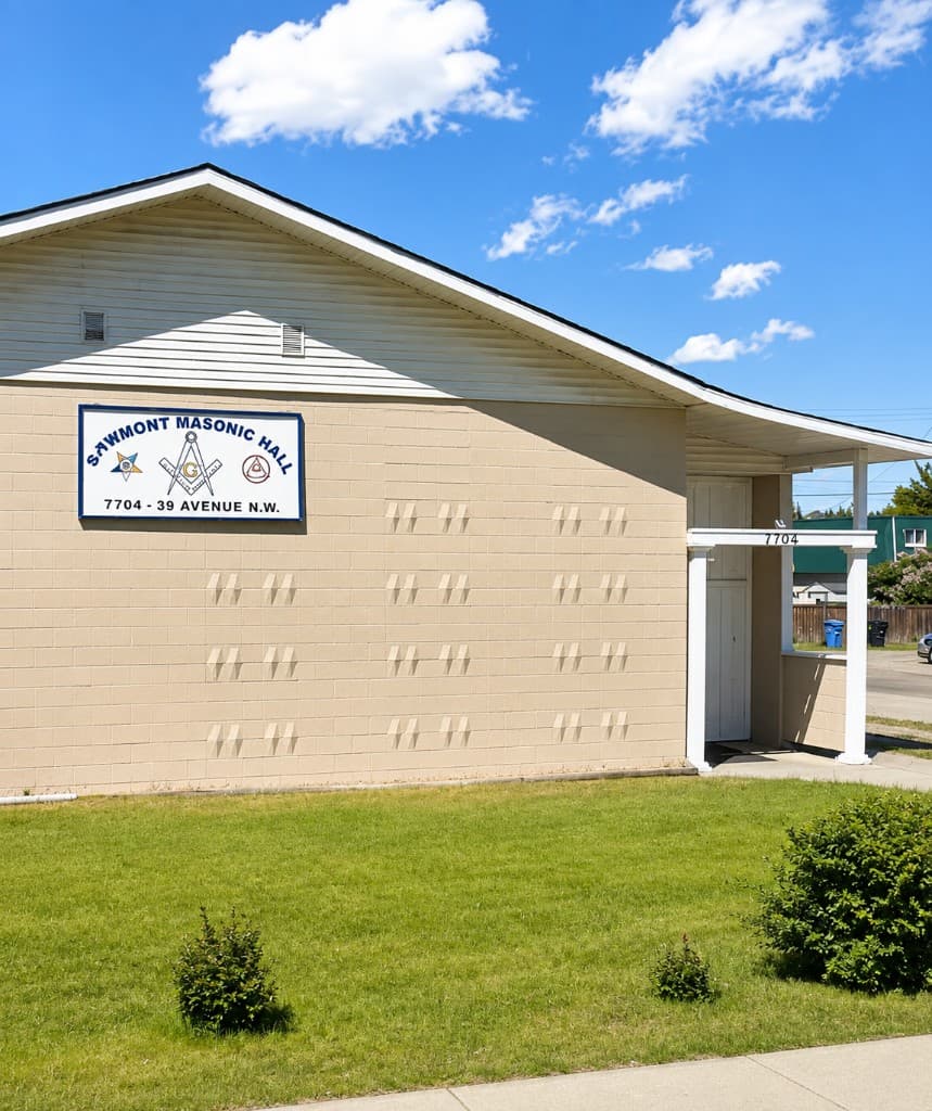 The exterior of Bowmont Masonic Hall at 7704 39 Avenue NW, Calgary, meeting place of Pearl of the Orient Lodge No. 206.
