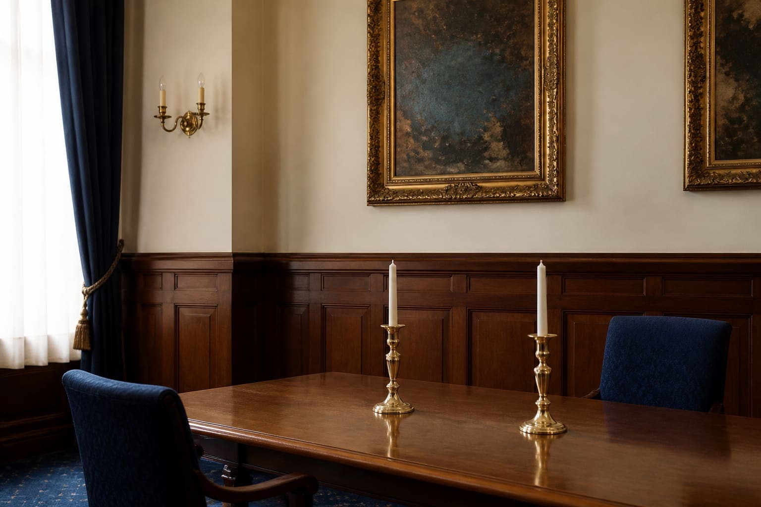 A quiet historic hall interior with warm wood and soft light