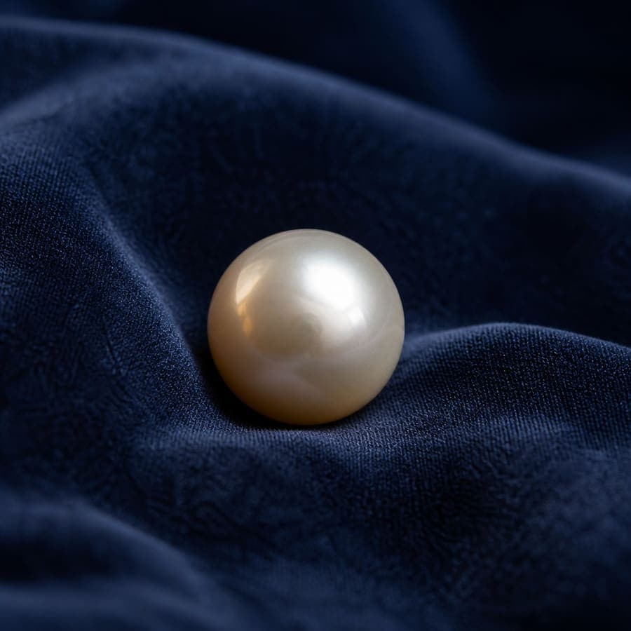 A single pearl on dark navy cloth.